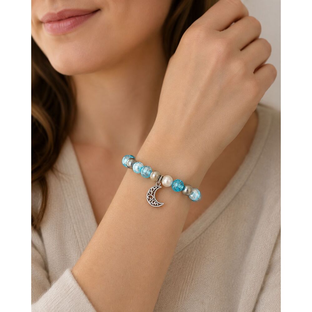 # OOAK Handmade Crescent Moon Bracelet Aqua Crackle Glass Faux Pearl Celestial
